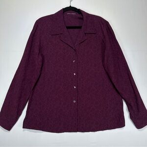 100% Silk Blouse Plum Paisley Button Up Long Sleeve Textured Top Size M